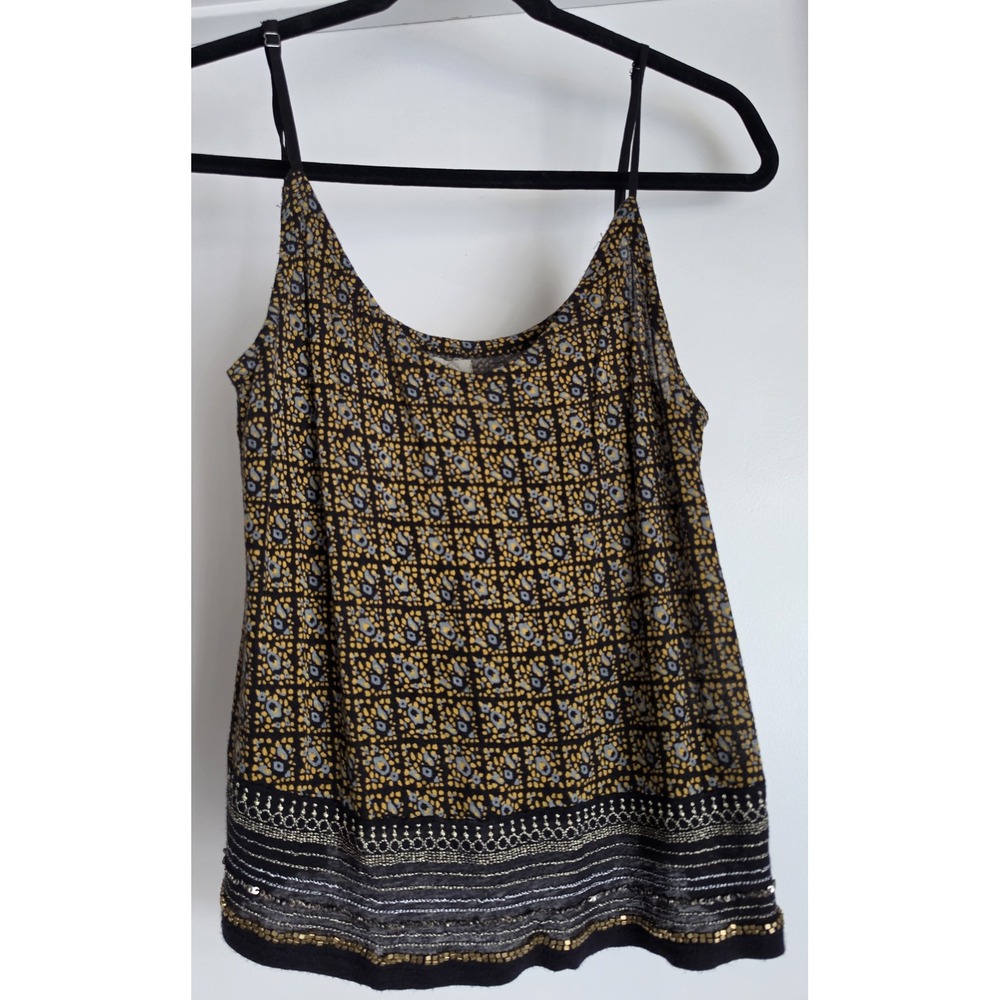 Ecote Women's Blouse Size M Sleeveless Black Floral Pattern Top Bead Sequin Boho